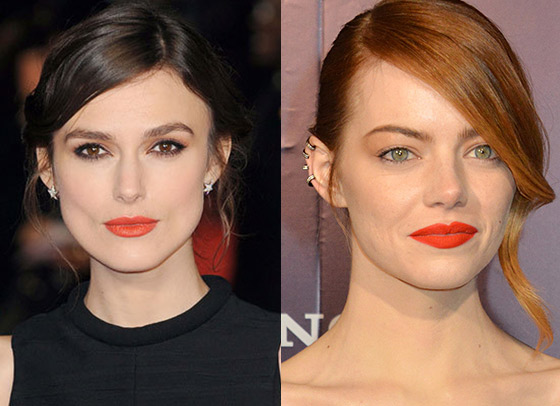 若隆重場合，可參考Keira Knightley（左）的妝容，以楺唇配同調眼影塑造迷人電眼；當然，怕太「妖」，學Emma Stone配淺啡眼影一樣清秀雅麗:)