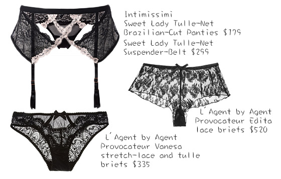 L'AGENT的透視程度已令人直噴鼻血= =說到「秒殺」款，我較推薦Intimissimi蕾絲吊襪帶配蕾絲內褲的配搭，質感若隱若現，惹火撩人，「出家人」都頂唔順啊！