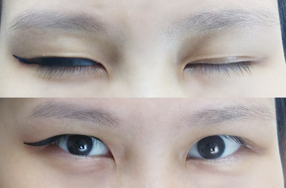 睜眼時眼線效果尚算自然，但近距離還是會看到有點不貼服:(