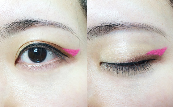 Step 4：沿著眼褶尾部以彩色眼線筆畫上上揚的桃紅色「三角形」，能拉長眼形亦可稍微深化眼褶。