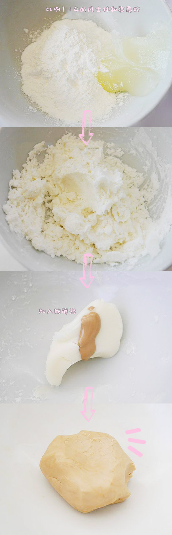 混合比例1:4的凡士林和爽身粉後把其搓成粉糰,然後加入粉底液繼續搓,直至其色調均勻後便能黏到臉上。 混合比例1:4的凡士林和爽身粉後把其搓成粉糰,然後加入粉底液繼續搓,直至其色調均勻後便能黏到臉上。