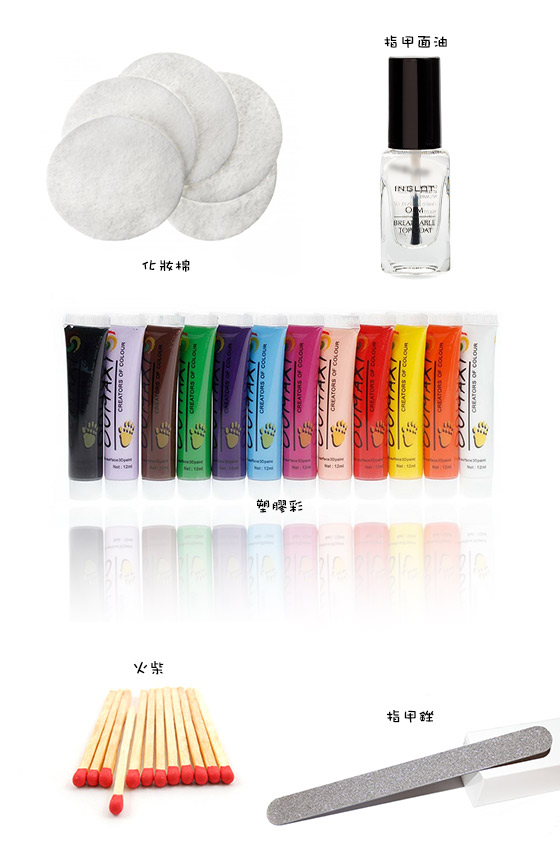 鐵膽工具:化妝棉2片 / 指甲面油1支 / 塑膠彩2支(至少兩色才能混出迷幻效果) / 火柴10枚 / 指甲銼1支 鐵膽工具:化妝棉2片 / 指甲面油1支 / 塑膠彩2支(至少兩色才能混出迷幻效果) / 火柴10枚 / 指甲銼1支