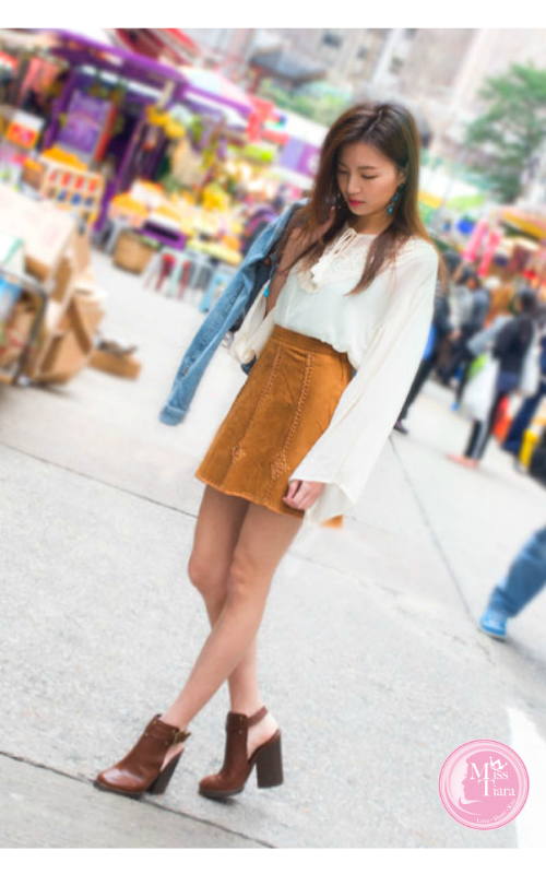 甜美情人look $650 :  短身雪紡襯衣（＄299）猄皮半身裙（＄349）